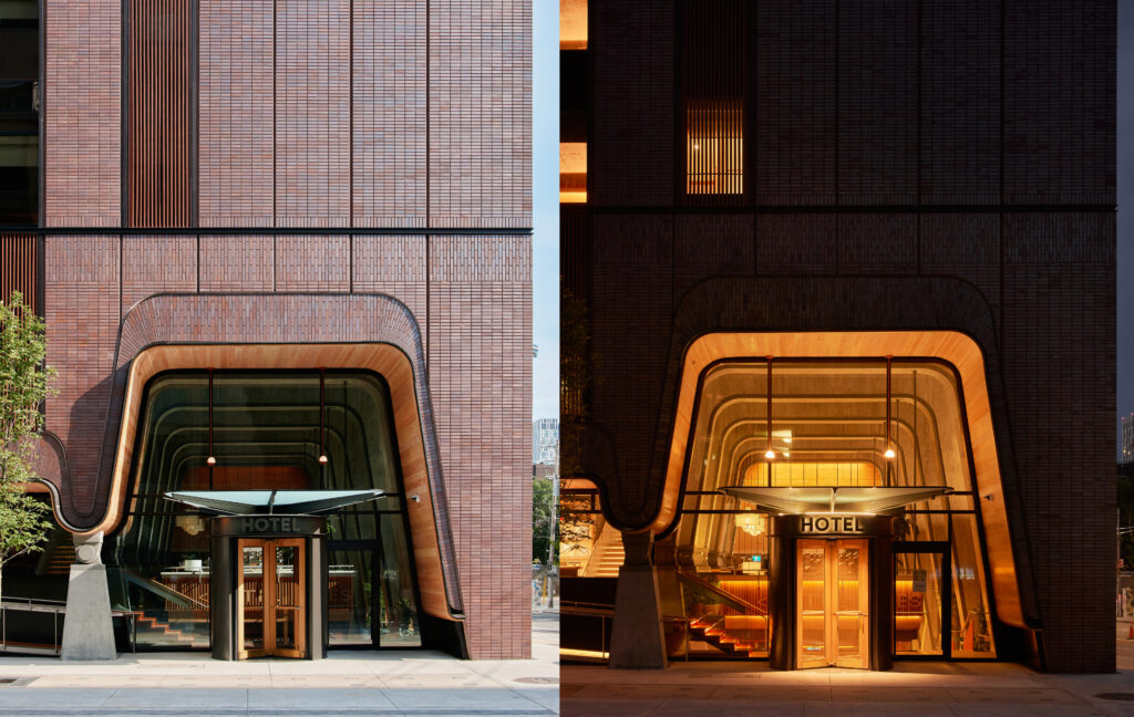 Ace Hotel Toronto | Exterior view of Ace Hotel Toronto day vs night, showcasing its bold architectural lines and concrete facade set against the cityscape. | Homes Almanac