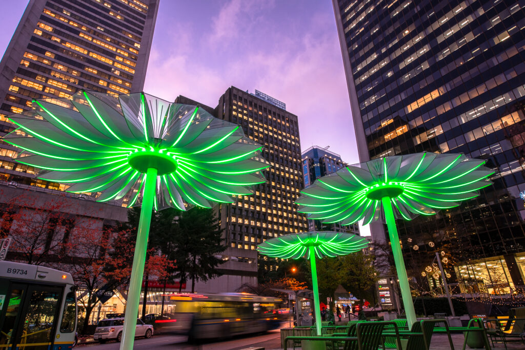 Dunsmuir Patio Vancouver | Photo of mushroom lights at night | Homes Almanac