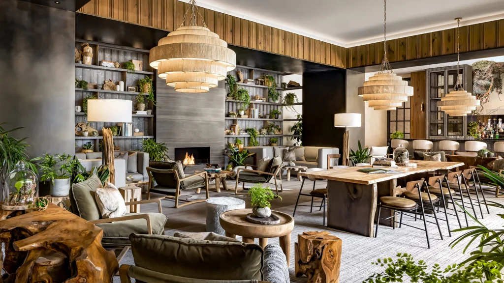 King and Portland | Bright lounge with leafy green plants and cozy low slung seating with wood and earthy decor | Homes Almanac