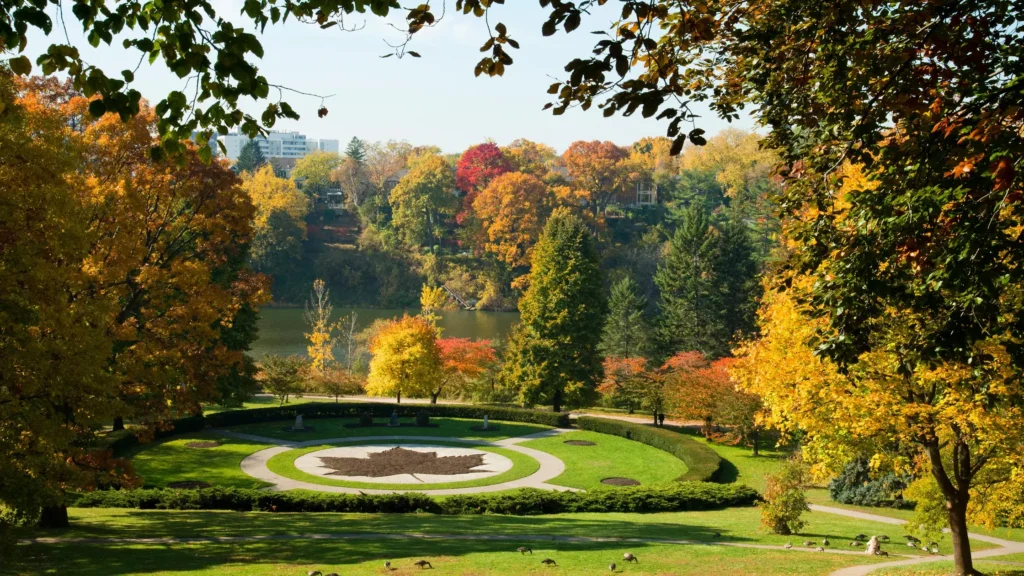 High Park | Fall shot of garden in maple leaf shape overlooking the river | Homes Almanac