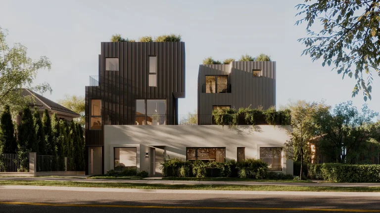 Missing Middle Multiplex | Rendering of a multiplex with dark grey and stone siding on a quiet street | Homes Almanac