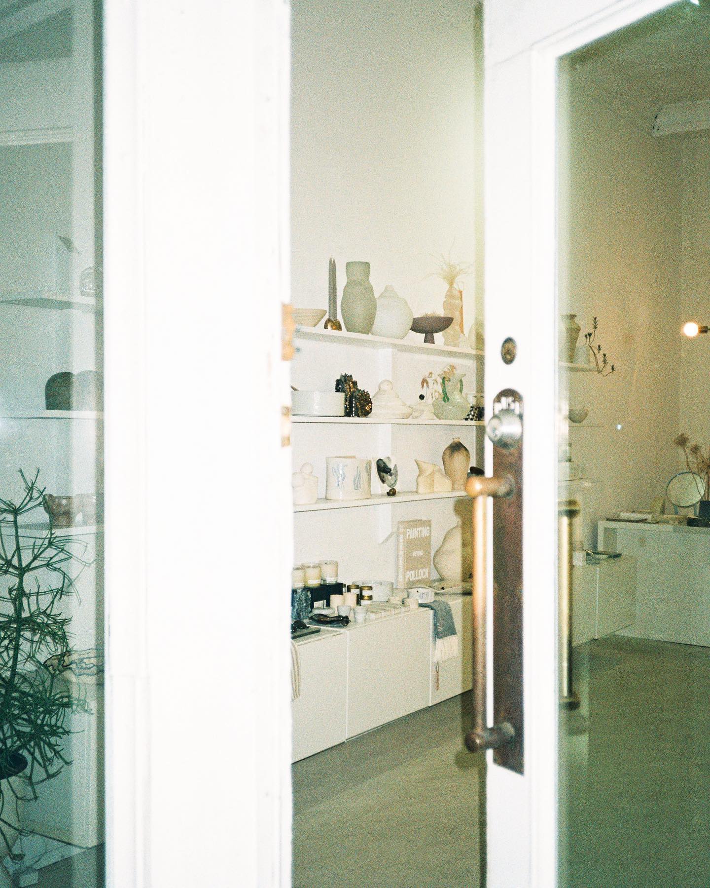 Souvenir | Grainy photo of a white open door into a storefront with monochromatic white shelving and goods | Homes Almanac