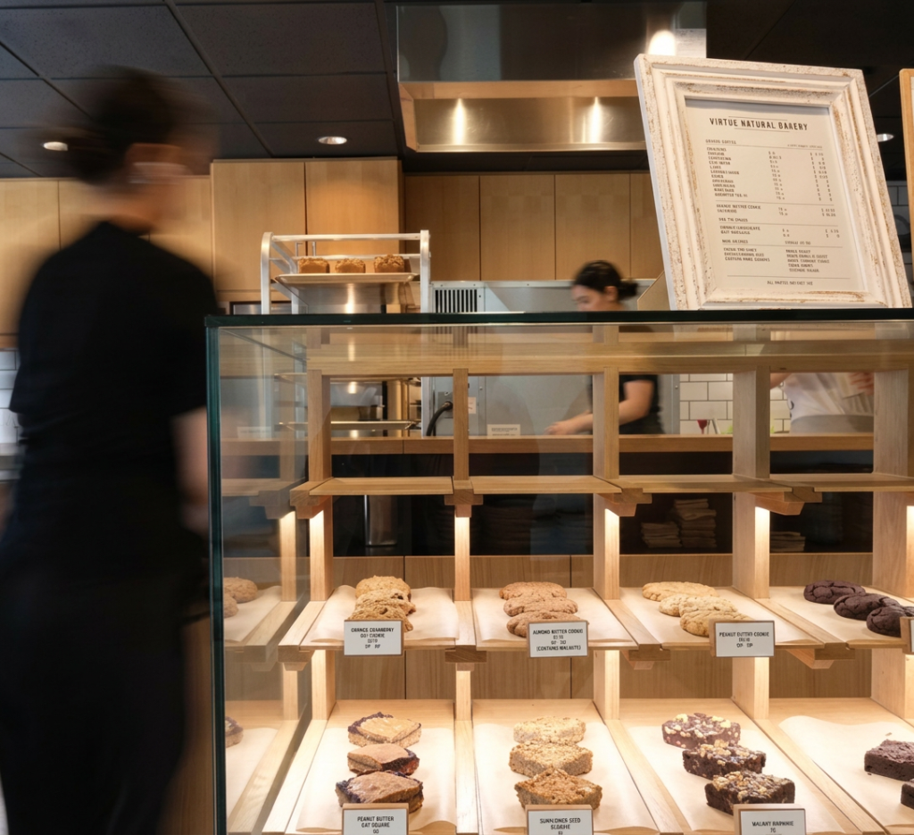 Virtue Natural Bakery | Bakery counter with a baked goods display and oak wood finishings | Homes Almanac