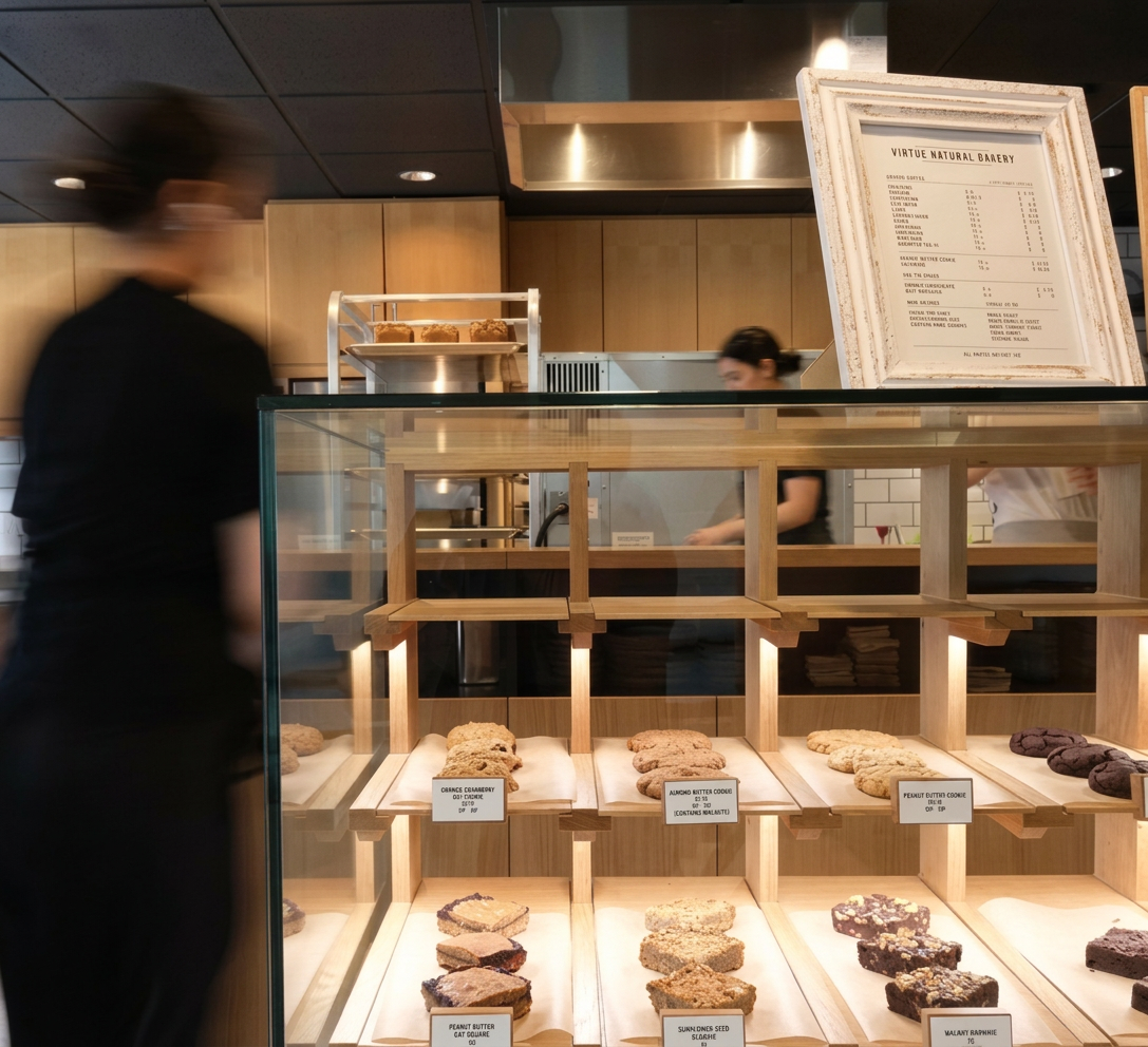 Virtue Natural Bakery | Bakery counter with a baked goods display and oak wood finishings | Homes Almanac