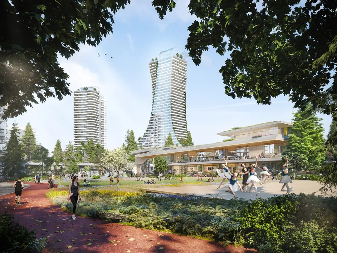 master-planned third places | 3D Rendering of Oakridge park tower with a park, greenspace, and people walking around | Homes Almanac