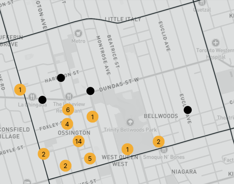 trinity bellwoods 15 minute city | a map view of the borders of trinity bellwoods neighbourhood in grey | homes almanac