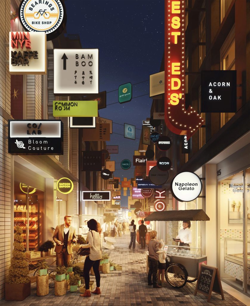 master-planned third places | A 3D rendering of a food alley with neon signs hanging on the building and people walking and eating | Homes Almanac