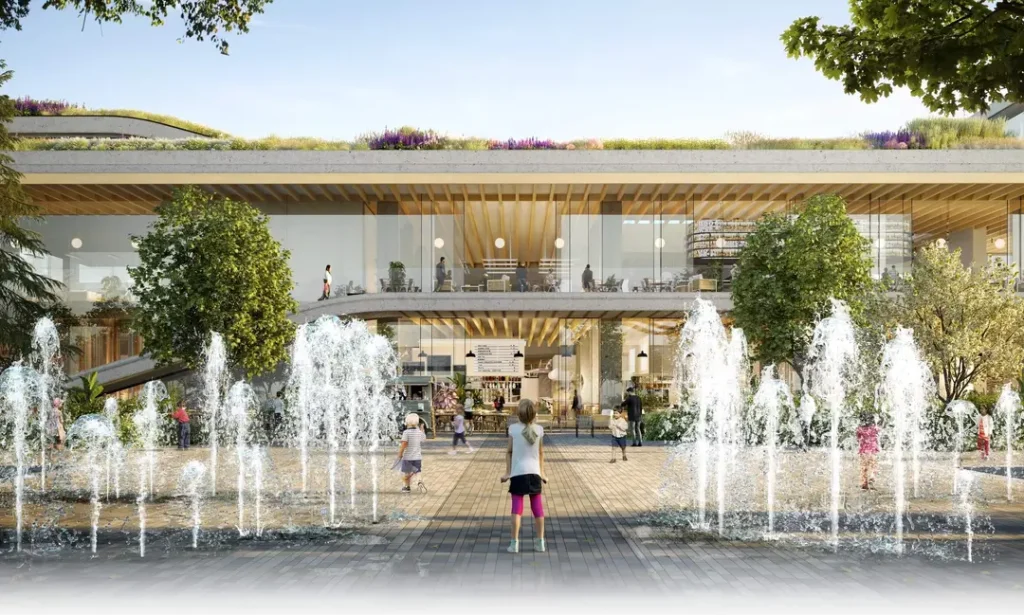 master-planned third places | 3D rendering of kids playing outside a glass and oak building with water fountains | Homes Almanac