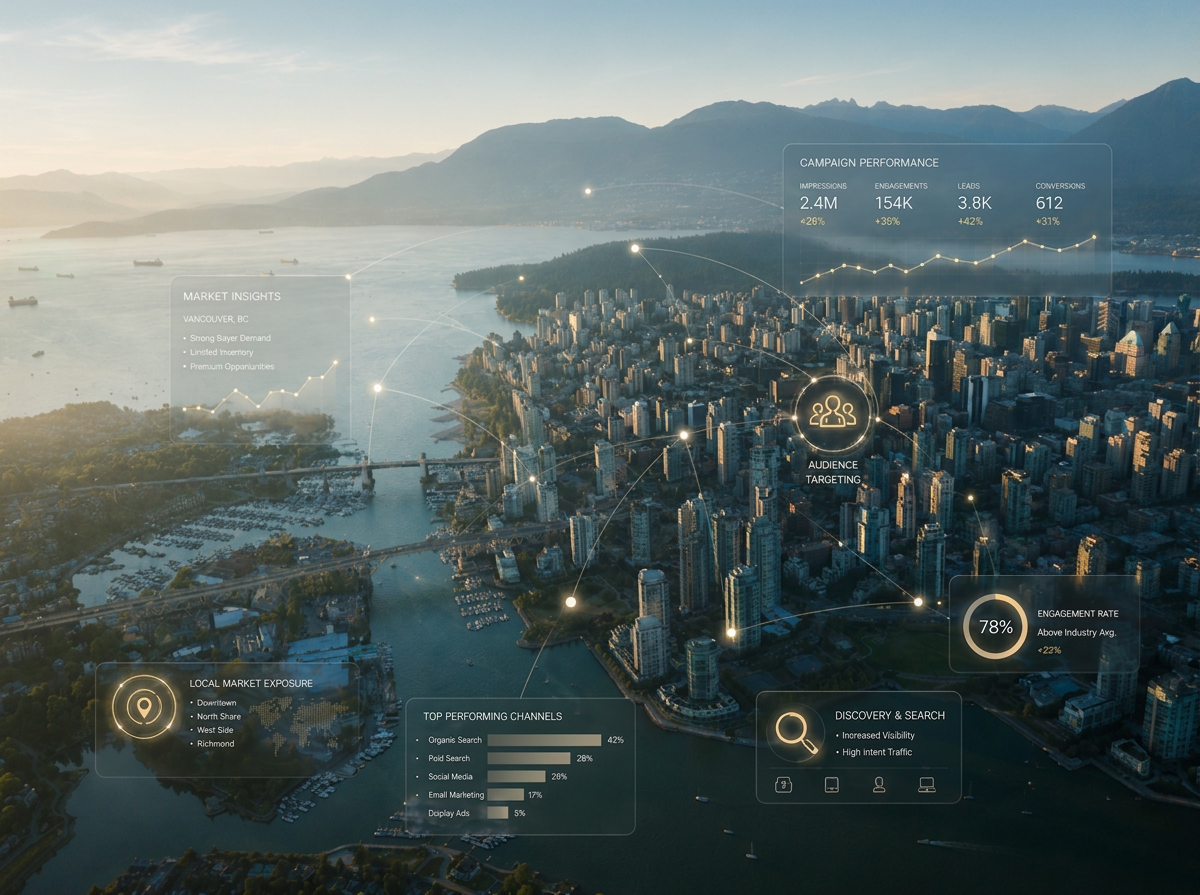 presale marketing strategy | aerial view of vancouver's burrard inlet with marketing analytics overlayed | homes almanac